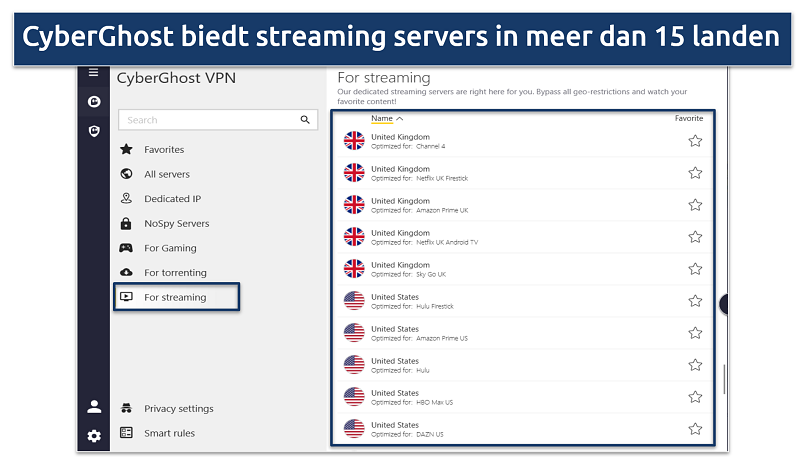 Screenshot met een lijst van CyberGhost's streaming-geoptimaliseerde servers