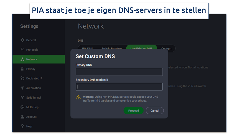 Afbeelding toont hoe je aangepaste DNS-servers instelt op PIA