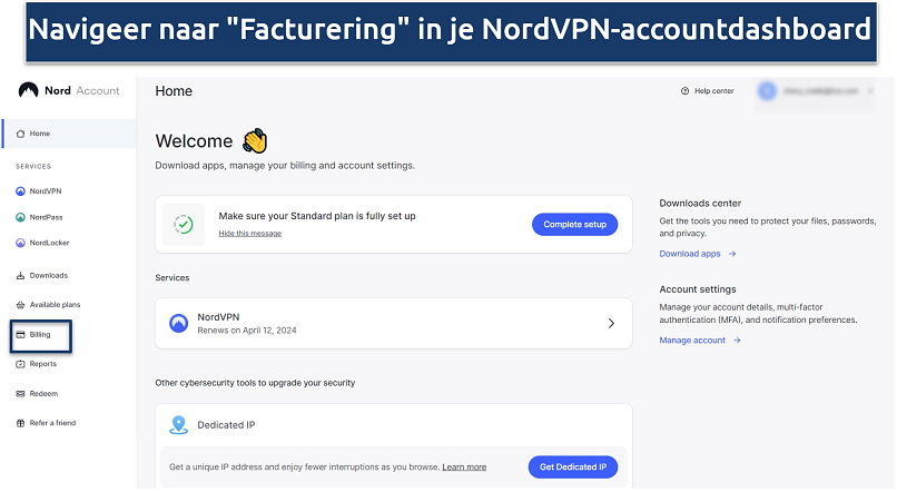 Afbeelding waarop is te zien hoe je naar de factureringssectie in het NordVPN-accountdashboard gaat