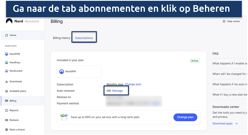 Afbeelding waarop is te zien hoe je je abonnement op NordVPN's accountdashboard bekijkt