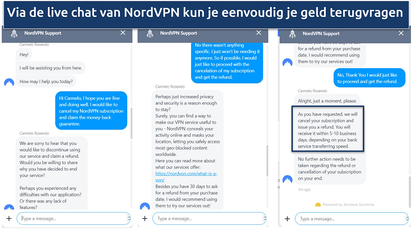 afbeelding van een live chat-gesprek werden een terugbetaling bij nordvpn wordt aangevraagd en goedgekeurd