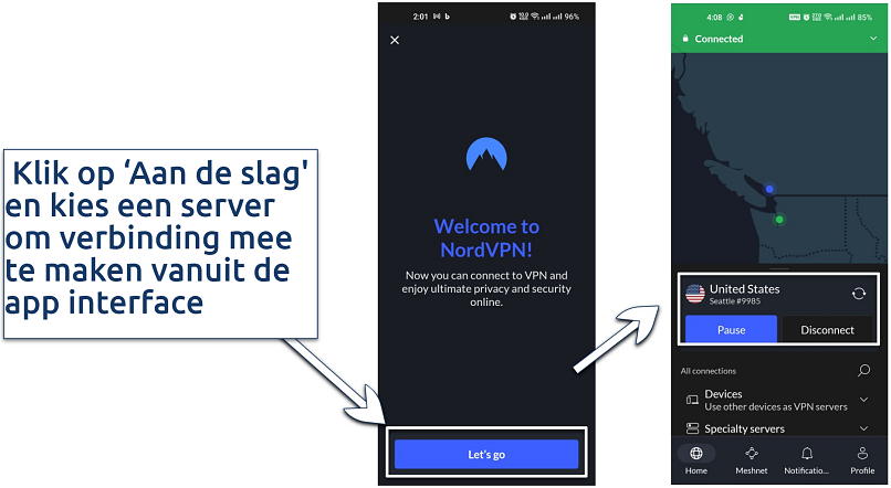 Afbeelding van de NordVPN-app interface met een verbonden server in de VS