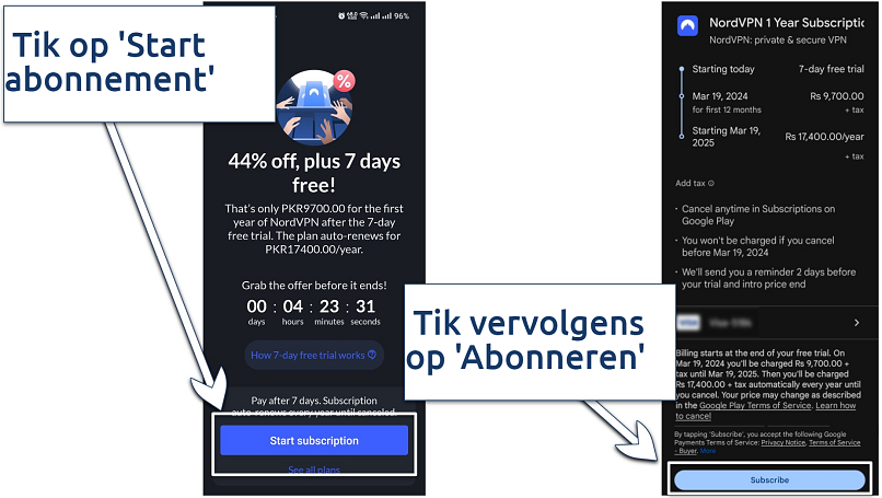 Afbeelding die laat zien hoe je je registreert voor NordVPN's zevendaagse gratis proefperiode