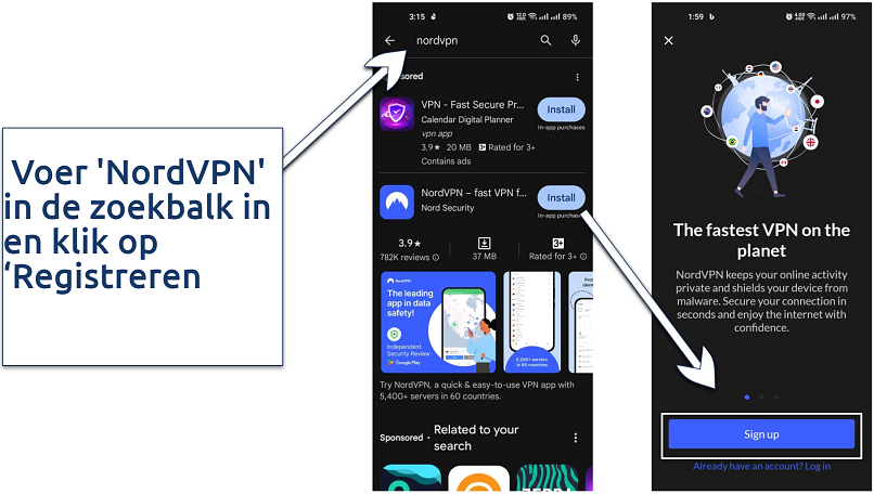 Afbeelding die laat zien hoe je NordVPN downloadt en je aanmeldt