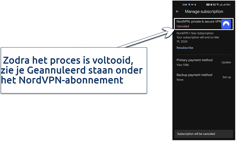 Afbeelding waarop te zien is dat het NordVPN-abonnement is geannuleerd