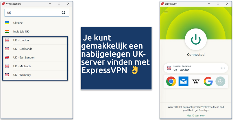 Een screenshot van de ExpressVPN-app die de locaties van de UK-servers toont terwijl het verbonden is met de server in Londen