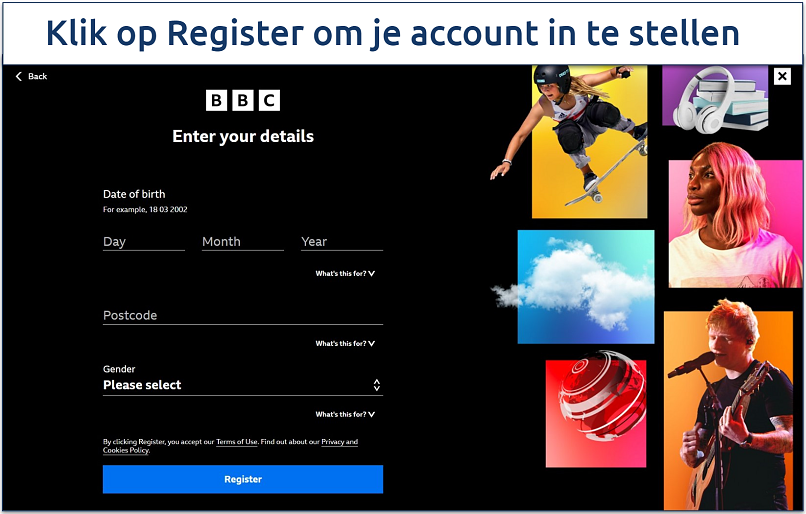 Een screenshot van de BBC iPlayer-registratiepagina waar je je persoonlijke gegevens invoert