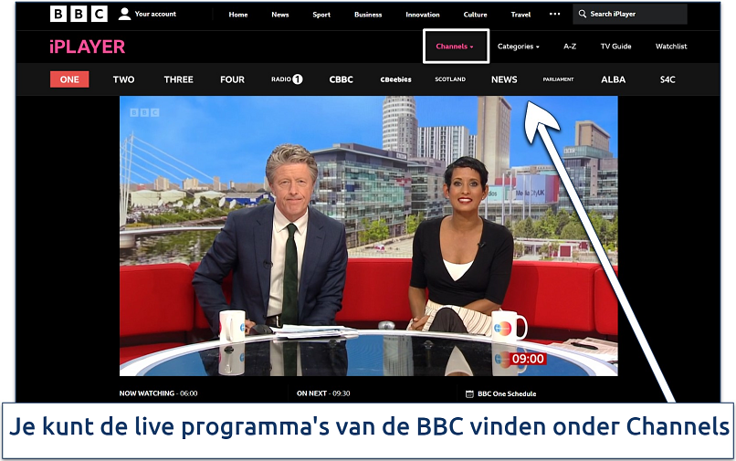 Een screenshot van BBC iPlayer die live nieuws streamt op het BBC One-kanaal