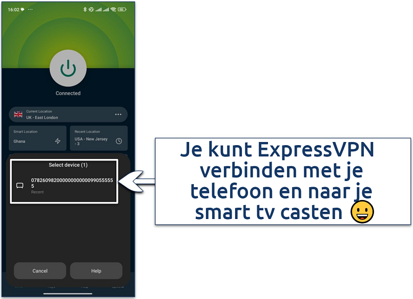 Screenshot showing ExpressVPN's mobile app with the option to cast mobile screen to smart TV