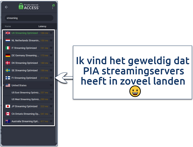 Screenshot of the PIA app showing its streaming servers