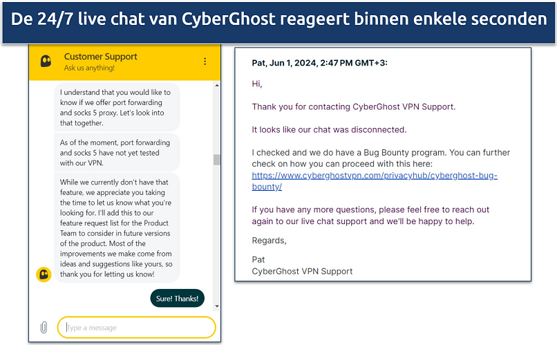 Screenshot of a chat with CyberGhost's customer support