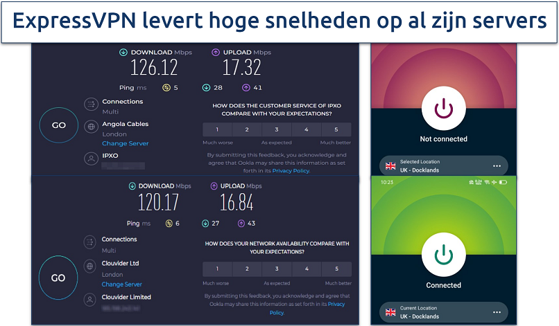 Screenshot van de resultaten van snelheidstest van ExpressVPN op Android