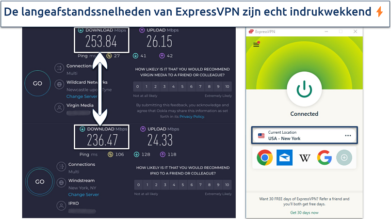 Screenshot of ExpressVPN speed test results on long-distance server in New York, US