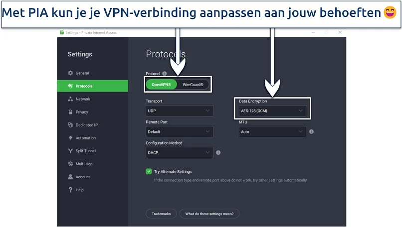 Screenshot of PIA's Windows app highlighting the protocol and encryption options