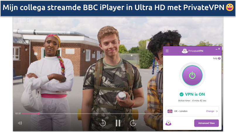 Screenshot of PrivateVPN streaming BBC iPlayer with UK London server