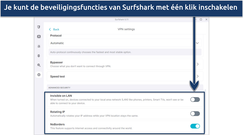 Screenshot of Surfshark's Windows app highlighting advanced security features