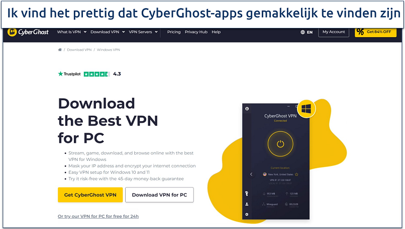 Screenshot of CyberGhost's download page highlighting where to find the Windows app 