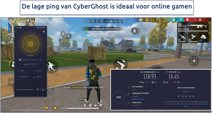 Screenshot of Free Fire gameplay with CyberGhost connected