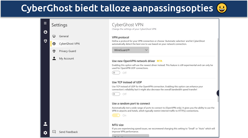 Screenshot showing CyberGhost's Windows UI and displaying the CyberGhost VPN Settings options