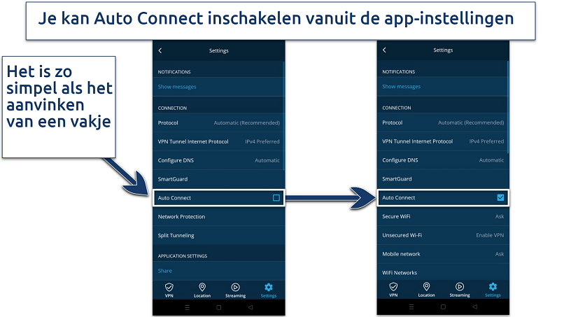 Screenshot laat zien hoe je  Auto Connection inschakelt op de Android app van hide.me