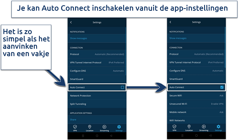 Screenshot laat zien hoe je Auto Connection inschakelt op de Android app van hide.me