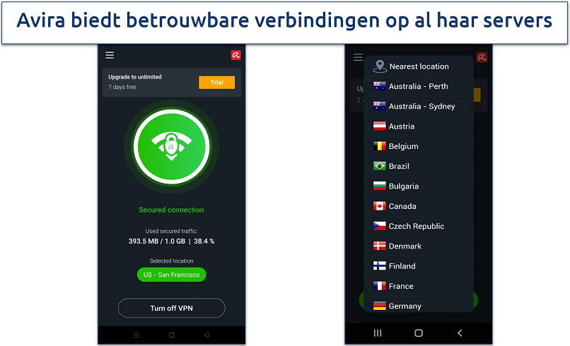 Screenshot van de serverlijst van Avira Phantom VPN