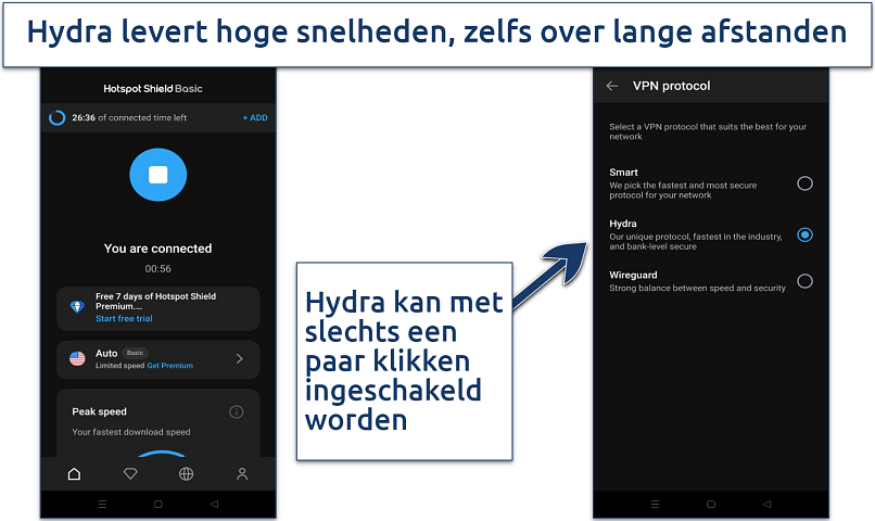 Screenshot die laat zien hoe Hotspot Shield's Hydra protocol ingeschakeld kan worden