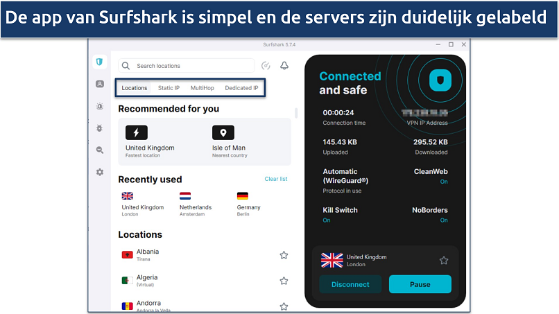 Screenshot van de Windows-app van Surfshark die de gebruiksvriendelijkheid benadrukt