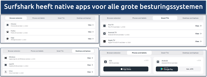 Screenshot die alle beschikbare apps van Surfshark toont op de downloadpagina van hun website