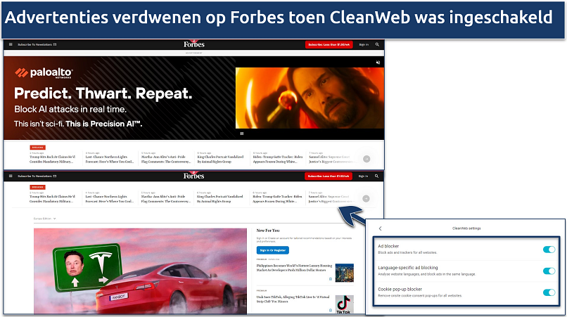 Screenshot van hoe CleanWeb van Surfshark werkt om advertenties op Forbes te blokkeren