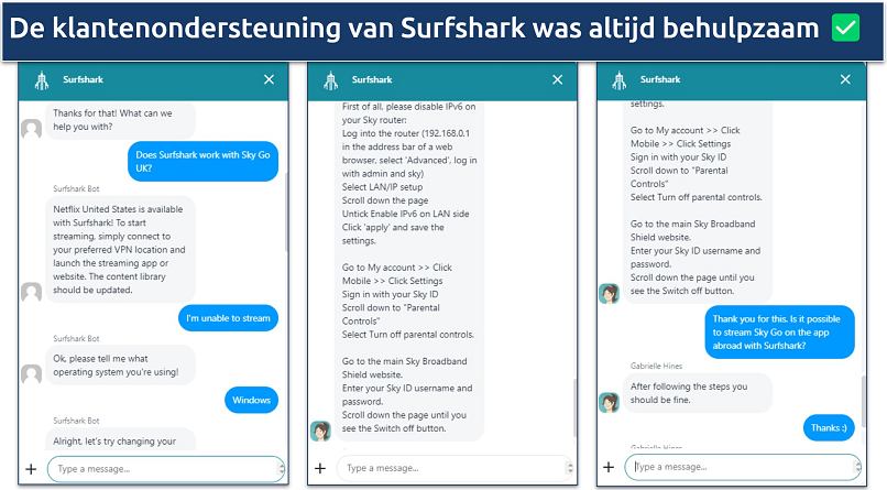 Screenshot van gesprek met de klantensupport chatbot en agent van Surfshark