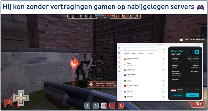 Screenshot van Surfshark gaming op nabije Nederlandse server vanuit het VK