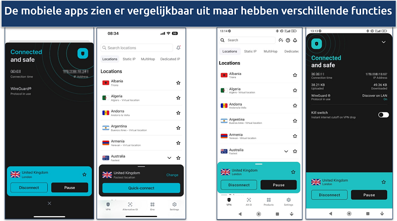 Screenshots vergelijken Surfshark's iOS en Android apps