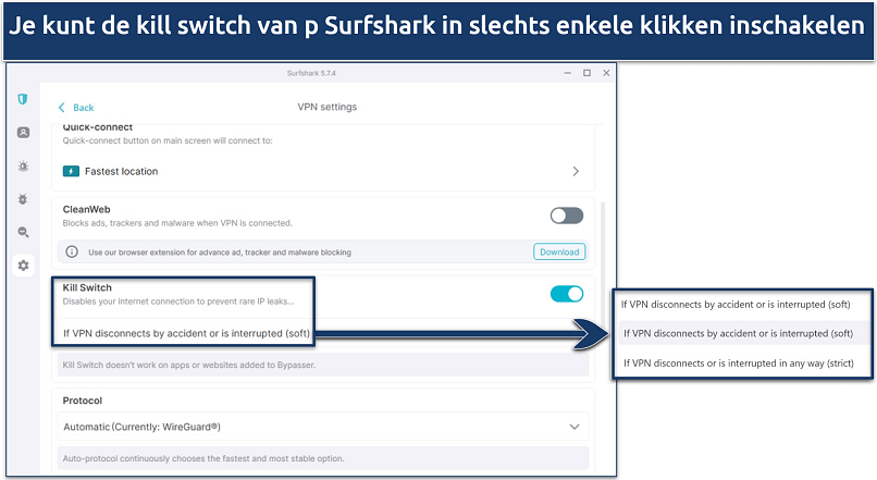 Screenshot van Surfshark's Windows-app die de kill switch zachte of strenge opties toont