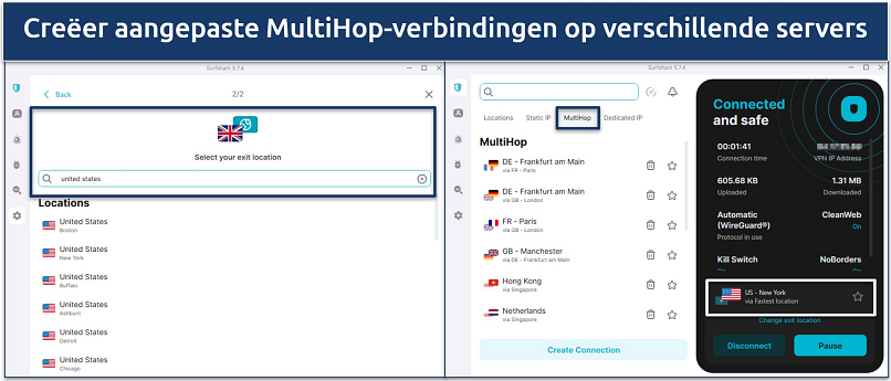 Screenshot van Surfshark's Windows-app met de set-up en verbinding voor MultiHop-servers