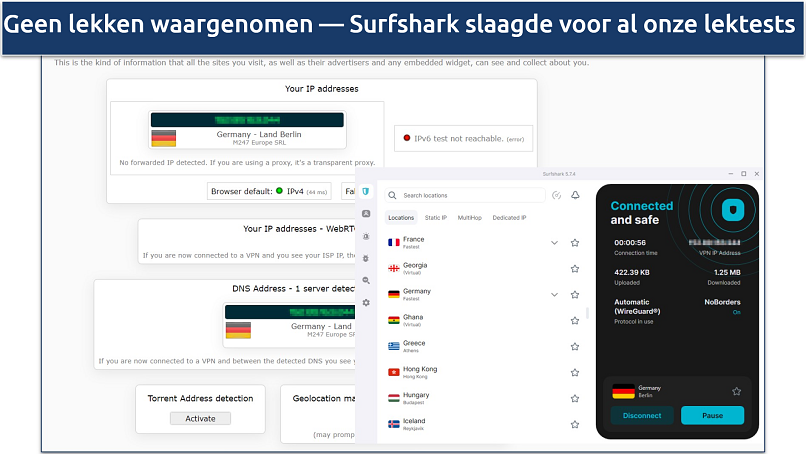 Screenshot van lektestresultaten op Surfshark's Duitse server