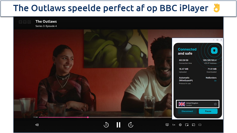 Screenshot van Surfshark's server in Londen die BBC iPlayer streamt