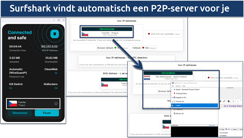 Screenshot van Surfshark die automatisch verbindt met een P2P-server wanneer de BitTorrent-app wordt geopend