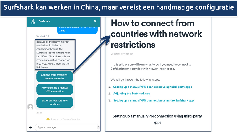 Screenshot van gesprek met Surfshark's chatbot die me doorverwijst naar handleidingen voor het verbinden met de app in China