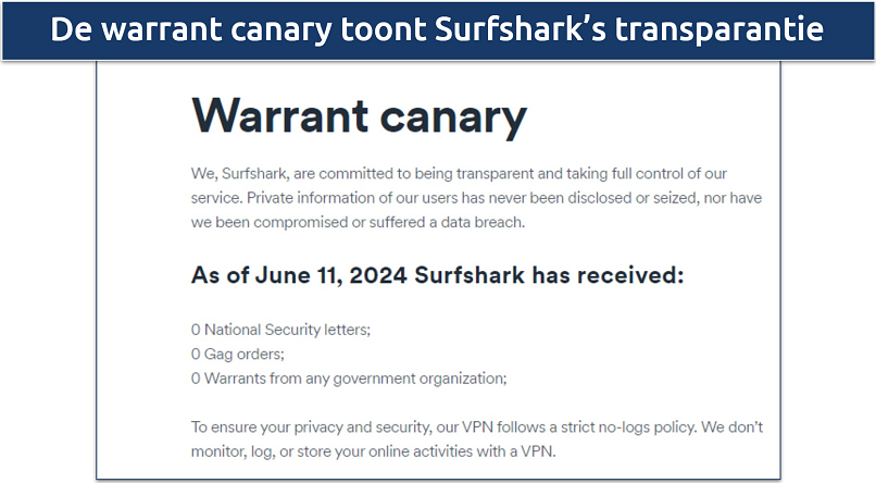 Screenshot van Surfshark's Warrant Canary die geen verzoeken voor gebruikersgegevens toont