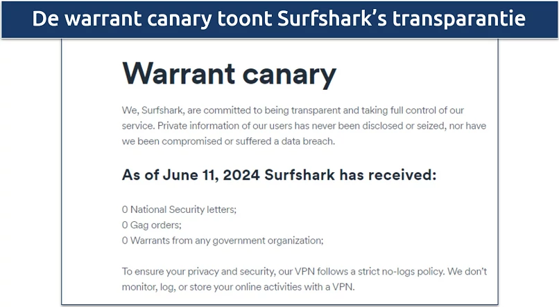 Screenshot van Surfshark's Warrant Canary die geen verzoeken voor gebruikersgegevens toont