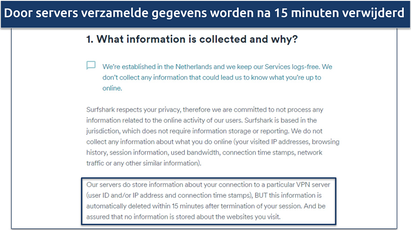 Screenshot van Surfshark's privacybeleid met nadruk op hun gegevensverzameling