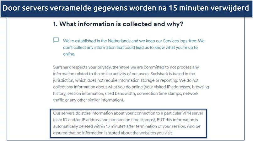 Screenshot van Surfshark's privacybeleid met nadruk op hun gegevensverzameling