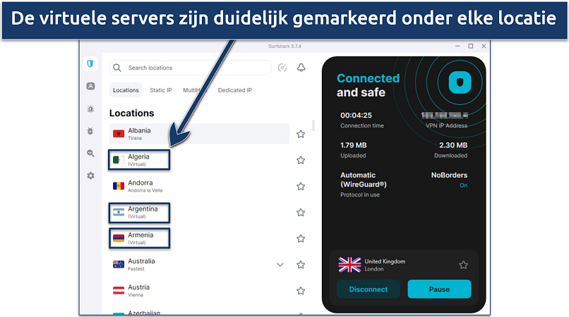 Screenshot van Surfshark's Windows-app die de virtuele servers benadrukt