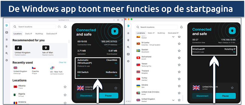Screenshots vergelijken Surfshark's Windows en macOS apps