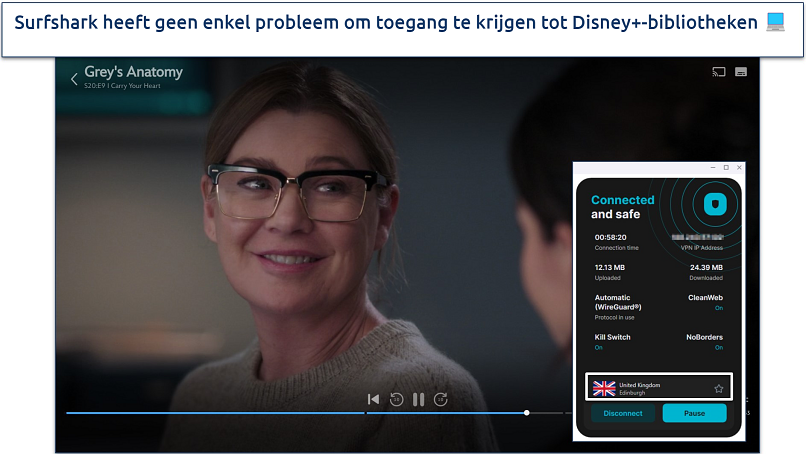 Screenshot van Surfshark werkend met Disney+ VK