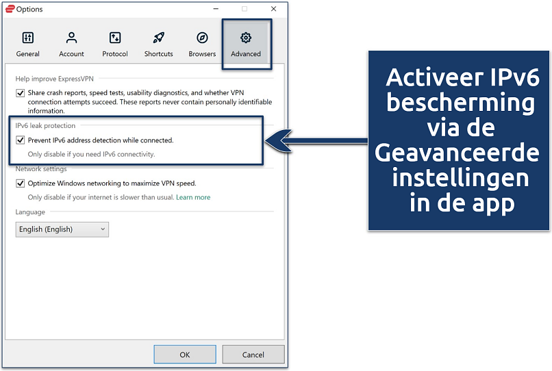 Screenshot van hoe je ExpressVPN's IPv6 lekbescherming activeert