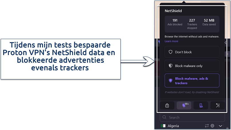 Een screenshot toont dat Proton VPN's NetShield uitblinkt in het filteren van advertenties, blokkeren van trackers en besparen van data