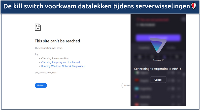 Een screenshot toont dat Proton VPN's kill switch de internetverbinding verbreekt tijdens het wisselen van servers