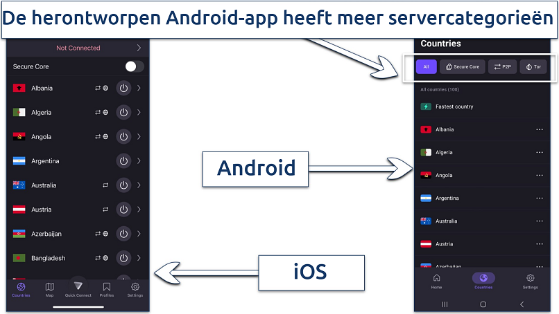 Een screenshot dat laat zien dat de Android-app van Proton VPN meer opties weergeeft onder het landmenu vergeleken met de iOS-app